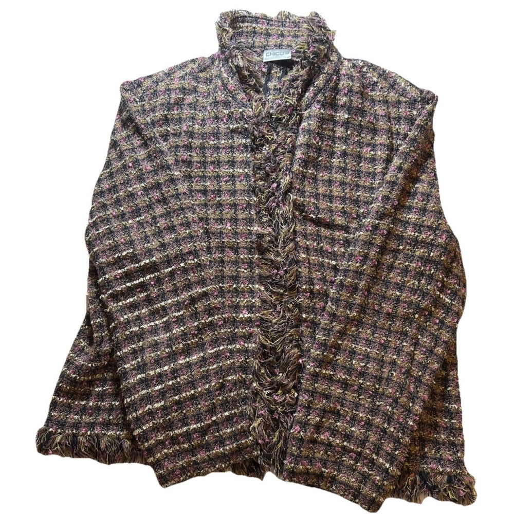 Chico's Womens size 2 Fringed Tweed Multicolor Open Jacket‎ Blazer Long Sleeve